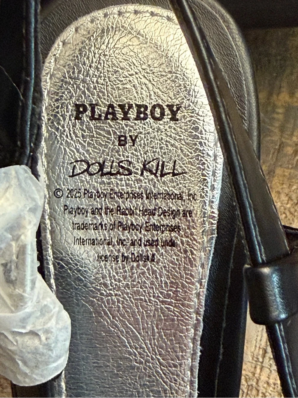 Dolls Kill Black Pointed Slingback Heels with Silver Playboy Emblem